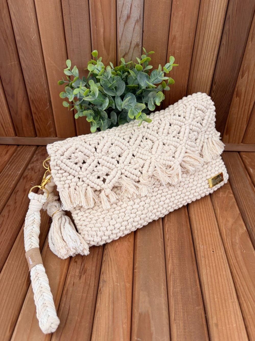 Boho Macrame Clutch Cream Tassel Fringe Woven Crossbody Handmade Style - Picture 2 of 10